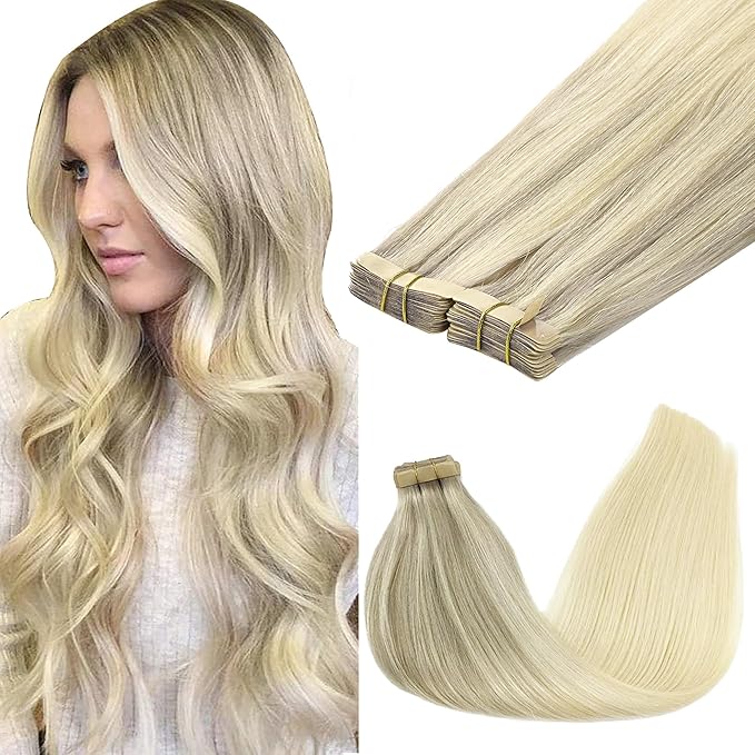 GOO GOO Tape in Hair Extensions Human Hair, 17/22/60 Ash Blonde to Golden Blonde and Platinum Blonde, 24inch 100g 40pcs, Skin Weft Seamless Invisible, Silky Straight with Thick Ends, Remy Human Hair