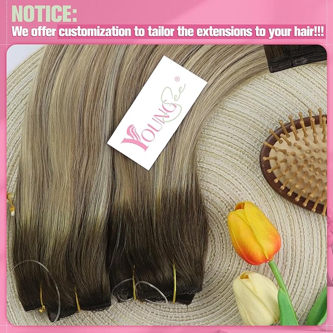 YoungSee 120G Wire Hair Extensions Ombre Invisible Wire Hair Extensions Real Human Hair Walnut Brown Headband Hair Extensions Balayage Light Brown with Blonde Remy Hair 16Inch