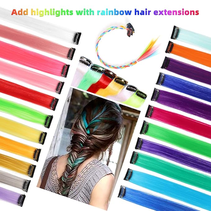 Colored Hair Extensions, Clip in, 22 Inch Long Straight, 10 Pieces Colorful Set, for Kids Girls Women Highlights Party, Synthetic