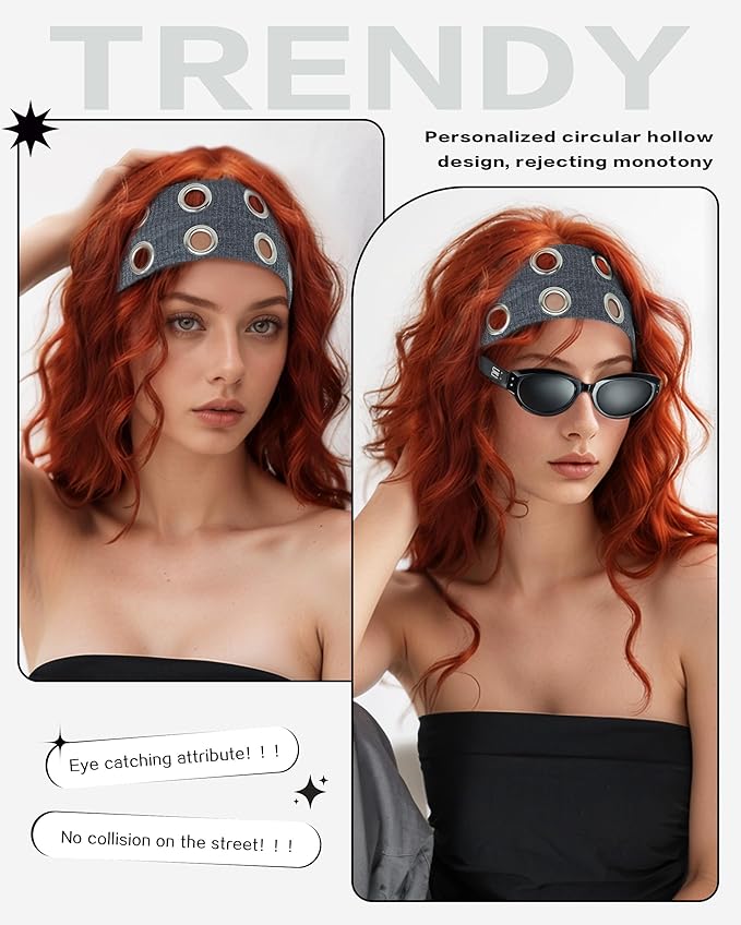 Grommet Headband for Women, Wide Grey 20cm Hollow Out Elastic Hair Band, Eyelets Punk Grunge Stylish Hairband