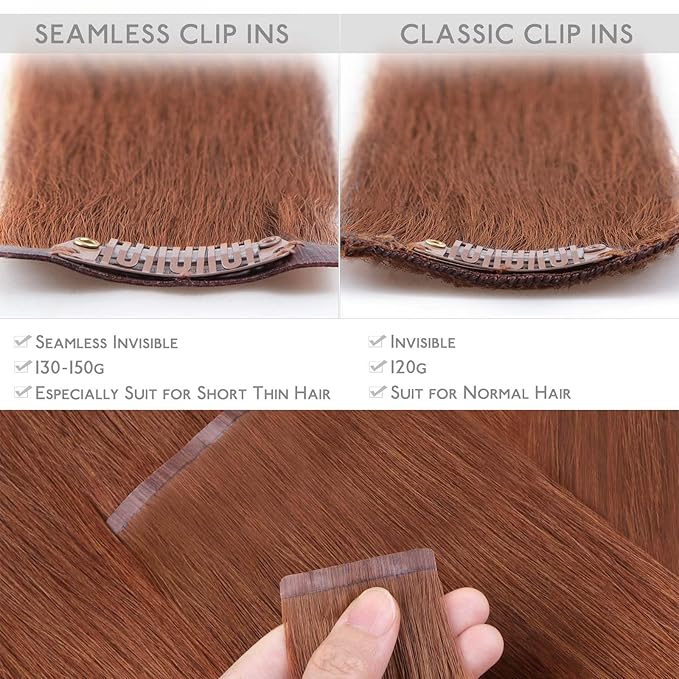 WENNALIFE Seamless Clip In Hair Extensions Human Hair, 16 Inch 130g 7pcs Dark Auburn Copper Real Hair Extensions Clip in Human Hair Invisible PU Skin Weft Natural Remy Human Hair Extensions
