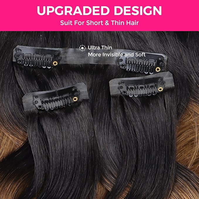 Lashey Seamless Clip in Hair Extensions Human Hair 110g 7pcs Body Wave Ombre Natural Black to Medium Auburn Real Human Hair Hair Extensions 24 Inch