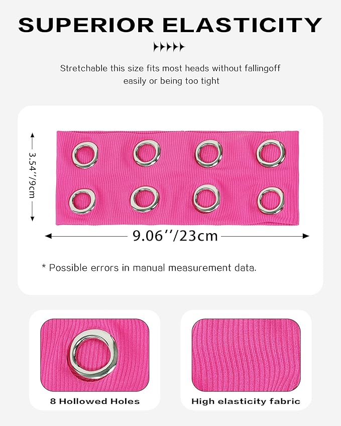 Grommet Headband for Women, Hot Pink 23cm Hollow Out Elastic Hair Band, Eyelets Punk Grunge Stylish Hairband