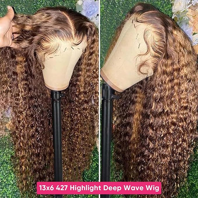 20 Inch Ombre Highlight Deep Wave Lace Front Wig Human Hair 13x6 HD Honey Blonde Lace Frontal Wigs 200 Density 4/27 Glueless Curly Wigs Human Hair For Women