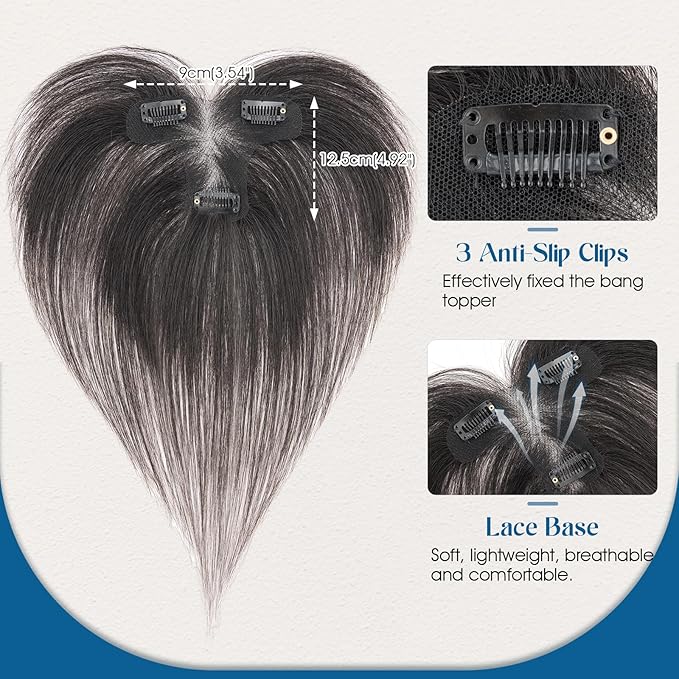 Hair Topper with Side Bangs Human Hair Curtain Bangs Topper for Women, T-part Lace Base Real Human Hair Topper Hair Piece for Daily Wear(Side Bangs,Natural Black)