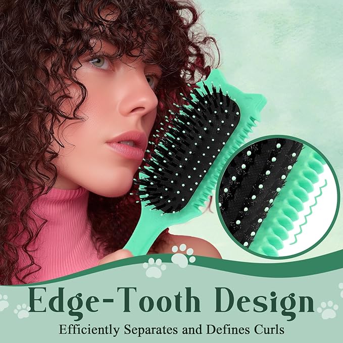 Curly Hair Brush, Curl Defining Brush for Effortless Curly Hair Care, Funny Cat Ear Type Curl Brush Suitable for Wet & Dry Hair,Women and Men,Reduces Frizz (Green)