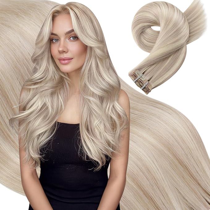 Moresoo Seamless Clip in Hair Extensions Blonde to Add Highlights Real Hair Extensions Clip in Human Hair Ash Blonde with Bleach Blonde Remy Human Hair Invisible for Women Long 135g/7pcs 20in