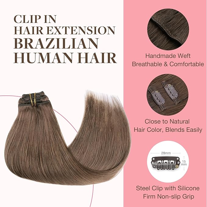 GOO GOO Clip in Hair Extensions Real Human Hair, Remy Human Hair Extensions Clip ins for Women, Natural Human Hair, 12inch 85g 7Pcs, #5 Light Ash Brown
