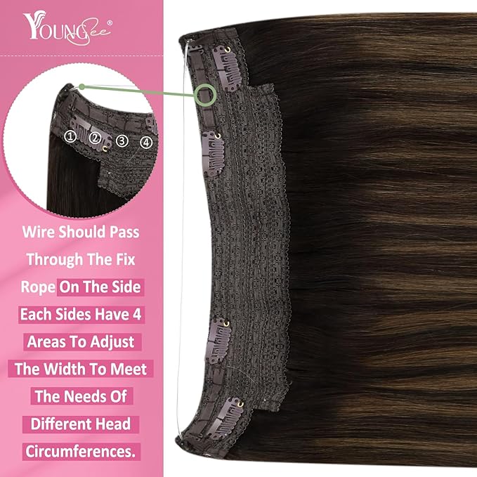 YoungSee Wire Hair Extensions Brown Balayage Invisible Wire Hair Extensions Real Human Hair Dark Brown Mix Medium Brown One Pice Hair Extensions Short Straight Hair 70G 12Inch