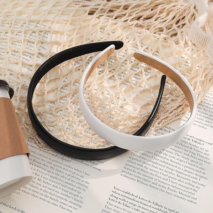 2pcs Leather Thick Headband for Women, 5.31 Inch Wide Padded Fashion Headbands Hair Band, Non-Slip Simple Head Band Hair Accessories for Long Culry Hairstyle- White & Black