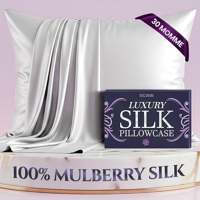 DECOLURE 100% Pure Mulberry Silk Pillow Case Queen Size – Highest Grade 30 Momme 6A+, Luxuriously Soft & Cooling Silk Pillowcase for Hair & Skin, Hypoallergenic, Breathable, Hidden Zipper (White)