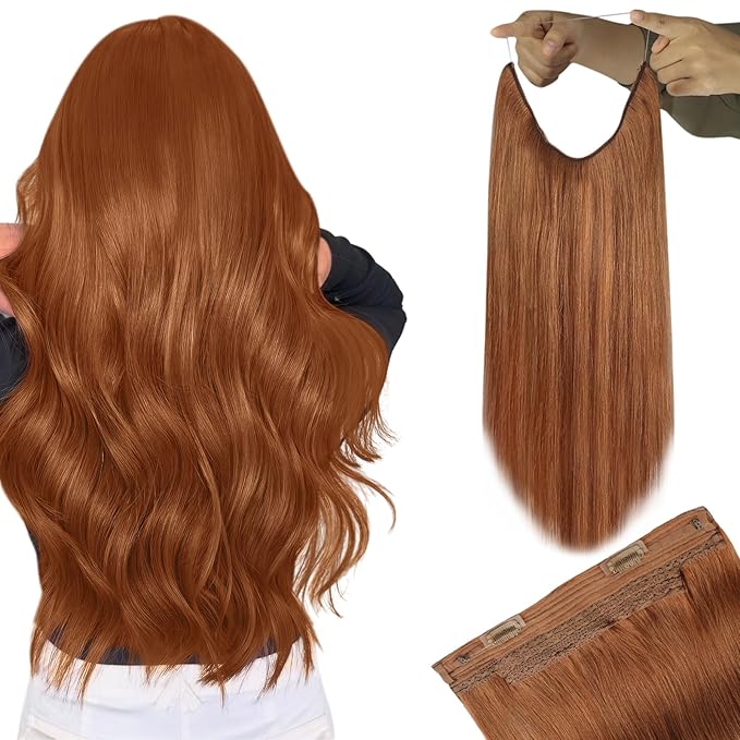YoungSee Wire Hair Extensions Human Hair Copper Hair Extensions Invisible Wire for Women Short Straight Headband Hair Extension 70g 12inch