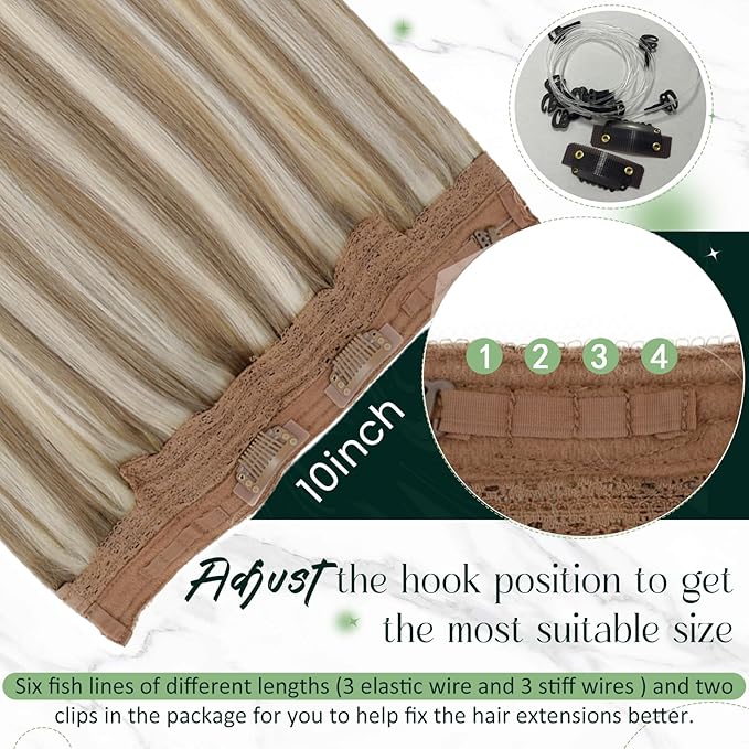 RUNATURE Secret Wire Hair Extensions, Invisible Human Hair Extensions with Transprent Fish Line Extensions, Straight Remy Natural Hair for Women, Tangle-free, 12 Inch 70g #8P24 Brown Highlight Blonde