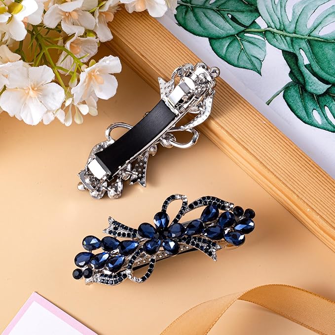 Joez Wonderful Rhinestone Hair Clip Sparkly Crystal Barrettes French Wedding Prom Engagement Pageant First Communion Hair Decorative Accessories for Women Long Hair (Bow Blue, 1 Pcs)