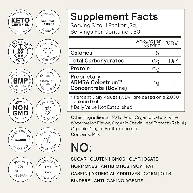 ARMRA Colostrum™ Powder | Vine Watermelon | Gut Health & Bloating | Skin & Hair | Immunity | Keto, Gluten & Fat-Free | 30 Servings
