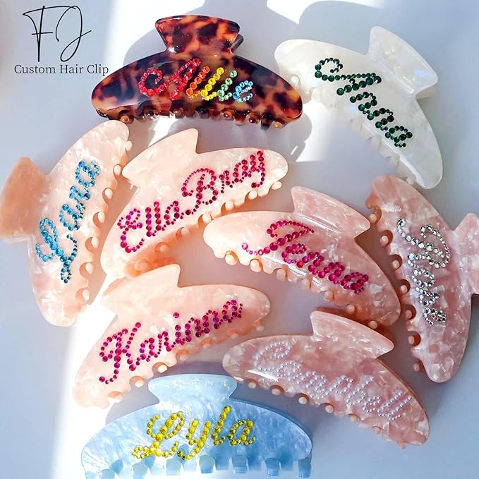 Personalized Colorful Name Hair Claw Clips for Women,Custom Hair Clips with Diamond,Cute Hair Accessories 4",Handmade Rhinestones Hair Clamp Gifts for Mom,Bride,Wife,Bridesmaid,Couples（Shell Pink）