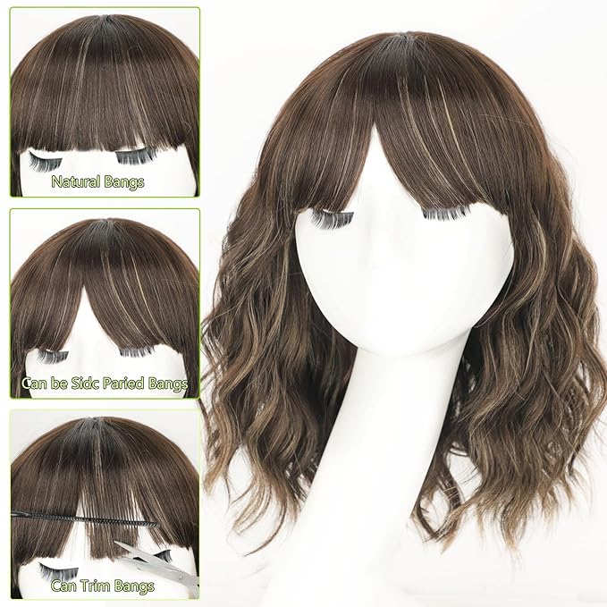 AISI HAIR Curly Bob Wig with Bangs Short Wavy Warm Medium Brown Color Wigs for Women Bob Style Synthetic Heat Resistant Bob Wigs