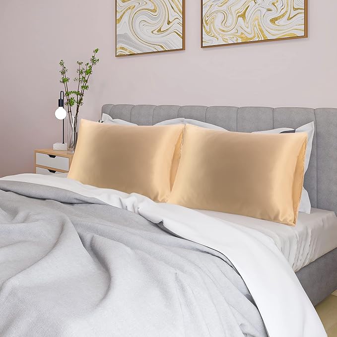 uxcell 2 Pack Silk Satin Pillowcase for Hair and Skin, Cool, Silky, Soft Breathable Pillow Cases King Size 20x36 Inch Sateen Pillowcase Caramel with Envelope Closure