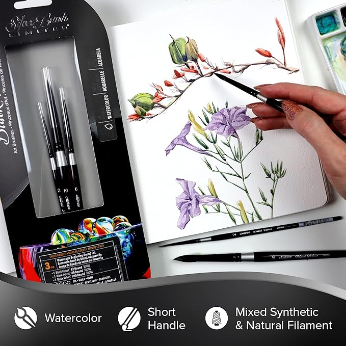 Silver Brush Limited WC-3205s Black Velvet Watercolor Beginning Round Set, Set of 3, Sizes 2, 6, and 10 Round Paintbrushes, Short Handle