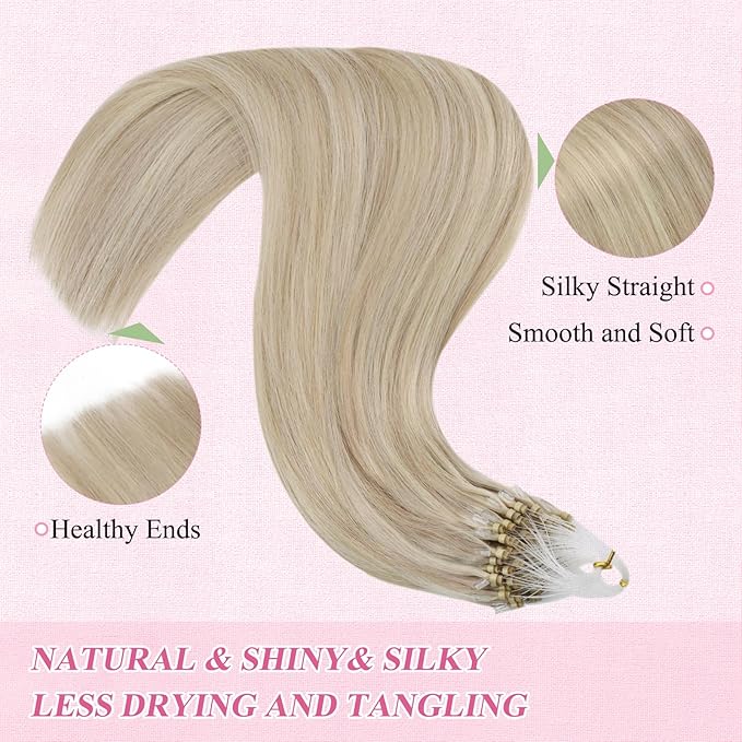 YoungSee Micro Bead Hair Extensions Real Human Hair Blonde Microlink Hair Extensions Highlight Ash Blonde with Medium Blond Beaded Hair Extension 14In Micro Ring Hair Extension 50g 50s Remy Hair