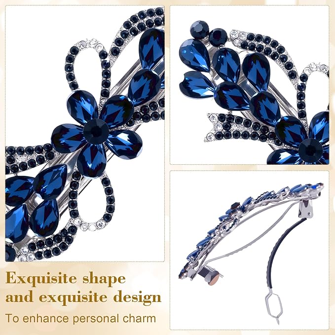 Joez Wonderful Rhinestone Hair Clip Sparkly Crystal Barrettes French Wedding Prom Engagement Pageant First Communion Hair Decorative Accessories for Women Long Hair (Bow Blue, 1 Pcs)