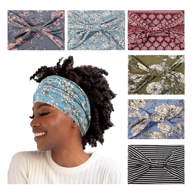 Artilady Wide Bandana Headbands for Women-Boho Bandeau Head Band Bohemian Paisley Red Headwrap Soft Athletic Elastic Sweat Non Slip Hair Bands for Curly Hair Accessories 6 PCS
