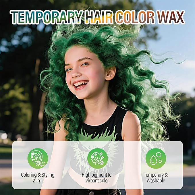 Green Hair Wax, Temporary Hair Color Wax, Nourishing & Washable Hair Color for Kids, Women and Men 2.12 Oz.