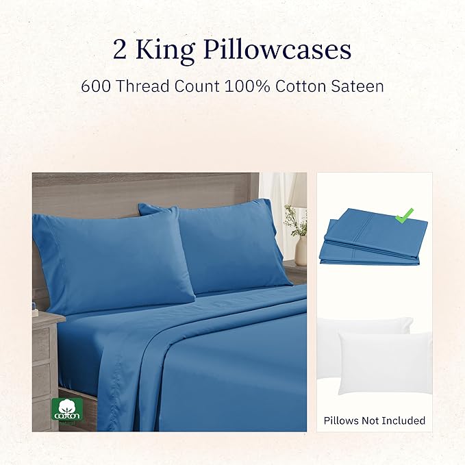 California Design Den King Size Pillows Cases Set of 2-600 Thread Count Sateen, Natural 100% Cotton Pillowcases King, Crisp, Durable Premium-Feel Bedding - Parisian Blue