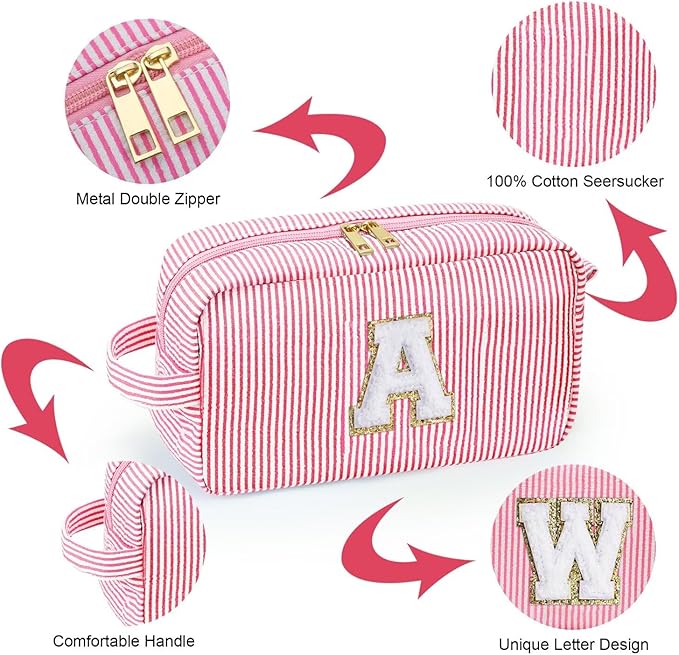 YOOLIFE Initial Cosmetic Bag - Monogram Cute Pink Makeup Bags Toiletry Pouch Make Up Case for Her Best Friend Friendship Sister Teacher, Personalized Birthday Gifts