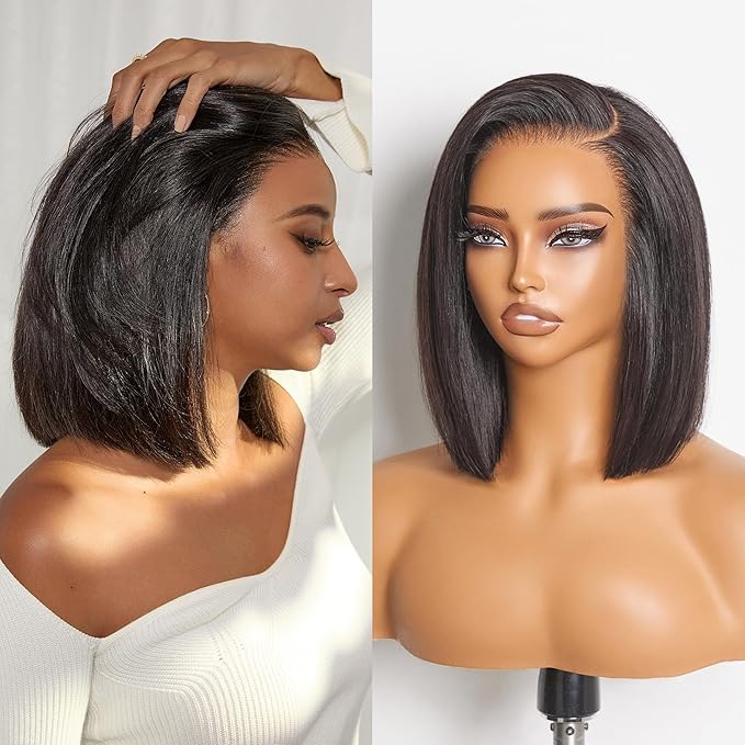LUVME HAIR 13X4 Lace Wig NatureMAX™ PartingMax Lace 10 Inches Bob Wigs Lace Front Wigs Human Hair Pre Cut Plucked Flexi-Fit Drawstring Cap Lace Frontal Glueless 14 Inches Natural Black Color