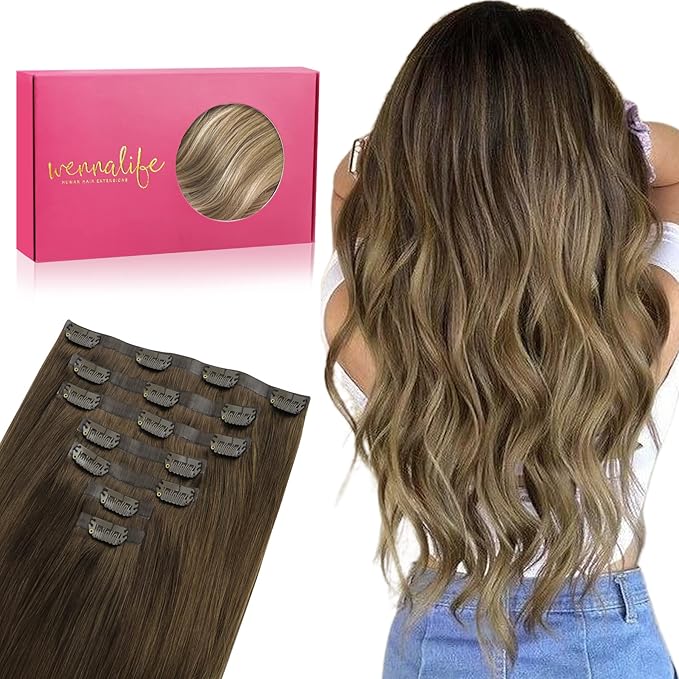 WENNALIFE Seamless Clip In Hair Extensions, 20 Inch 7pcs 150g Ombre Walnut Brown to Ash Brown and Bleach Blonde Real Human Hair Extensions