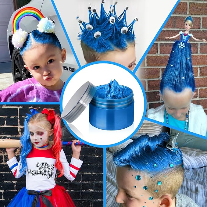 Blue Temporary Hair Color Wax Kit for teenagers,Crazy Hair Day Accessories, Gifts for Kids,Instant Hair Dye Color Wax for Party, Cosplay, Halloween, Christmas,Washable Crazy Hair Style