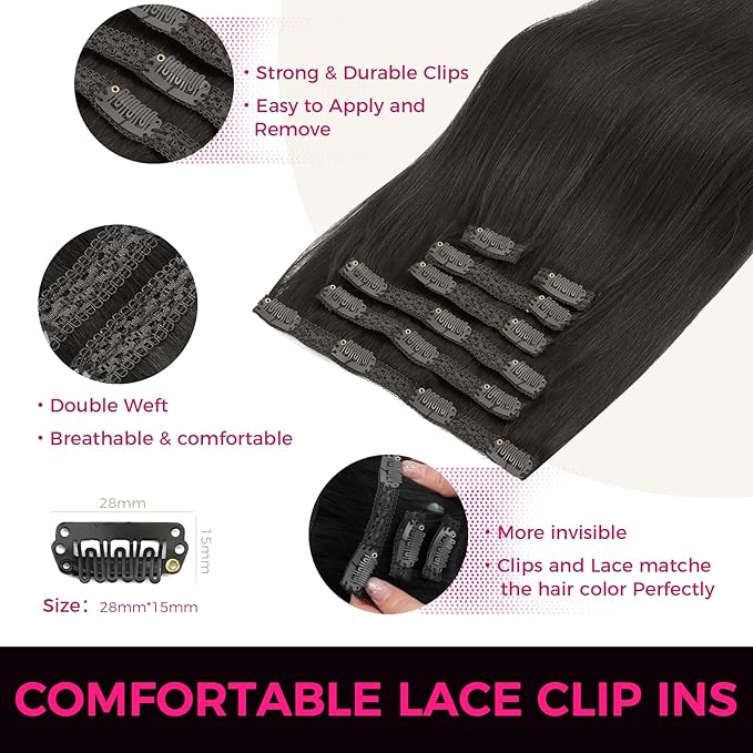 Lashey Clip in Hair Extensions Real Human Hair, 16 Inch #1B Natural Black 7pcs 120g, Human Hair Clip in Extensions Thick Straight Hair for Women