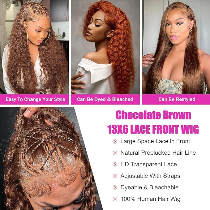 Anderah Chocolate Brown Deep Wave Lace Front Wigs Human Hair 200 Density 13x6 HD Lace Frontal Wigs Curly Human Hair Wig For Women Pre Plucked with Natural Hairline 4# Brown Color (28inch)