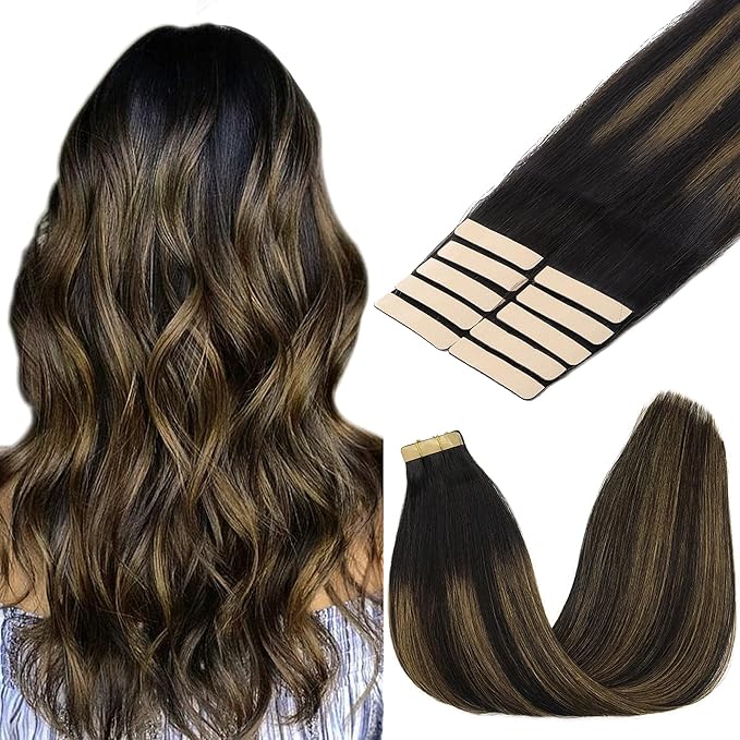 GOO GOO Tape in Hair Extensions Human Hair, 1B/6/1B Balayage Natural Black to Chestnut Brown, 20inch 30g 10pcs, Skin Weft Seamless Invisible, Silky Straight with Thick Ends, Remy Human Hair