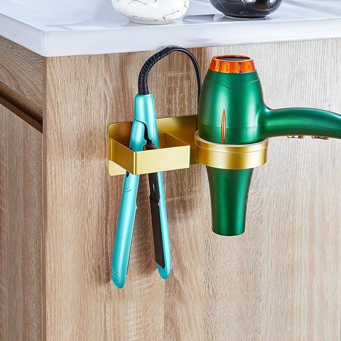 Blow Dryer Holder Wall Mounted, Hair Straightener Holder, Hair Dryer Holder Adhesive, Hair Tool Organizer for Flat Iron, Hairdryer, Curling Iron Holder for Bathroom Vanity Barber Shop (Gold)