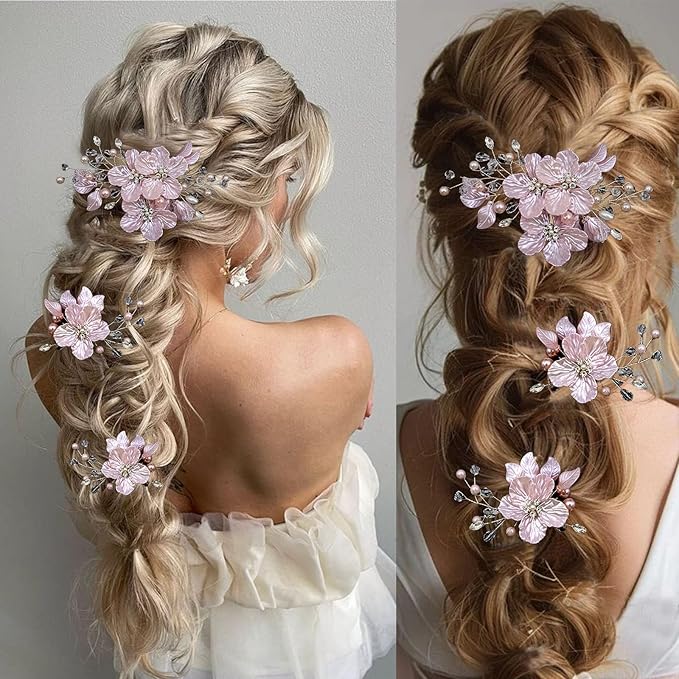 3 PCS Large Flower Bridal Wedding Hair Pins Crystal Pearl Hair Clips Headpiece Bride Hair Accessories Jewelry with Rhinestone, Glitter Emboss Pink Flower