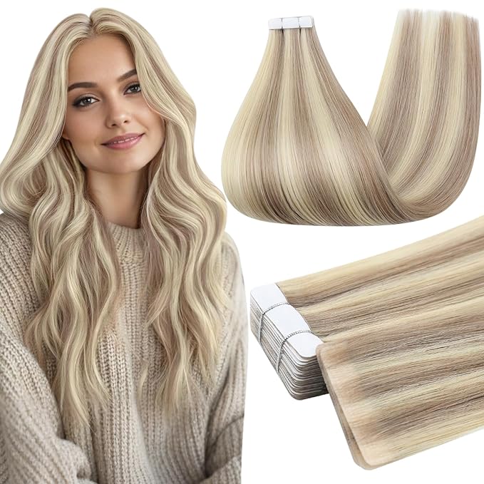 Full Shine Invisible Injection Tape in Hair Extensions Color 18 Ash Blonde and 613 Blonde 20 Inch Seamless Skin Weft Injected Tape ins Extensions Human Hair 50 Grams 20 Pcs for Women Party
