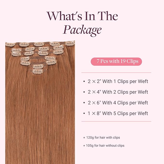 GOO GOO Clip in Hair Extensions Real Human Hair, Remy Human Hair Extensions Clip ins for Women, Natural Human Hair, 16inch 120g 7 Pcs, #330 Cinnamon Terra Copper