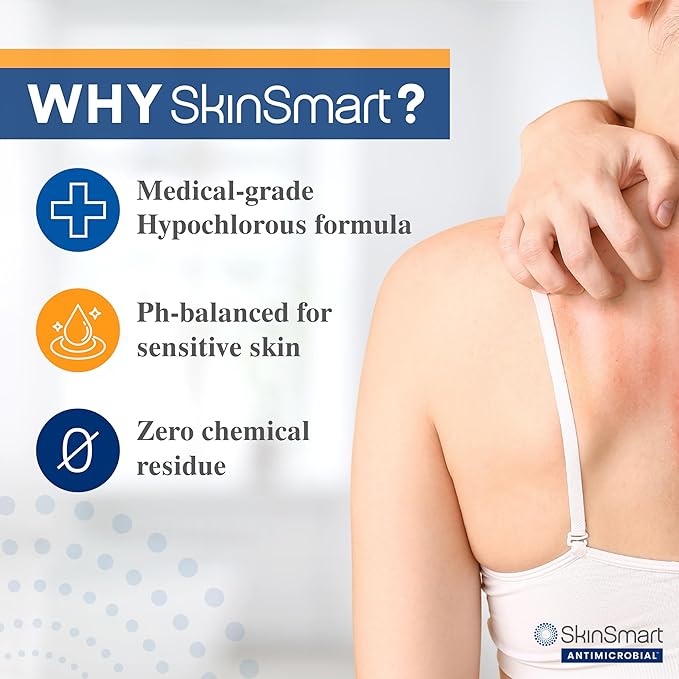 SkinSmart Antimicrobial Eczema Therapy with Hypochlorous Acid, Safely Removes Bacteria so Skin Can Heal, for Adults, Kids and Seniors, 8 Ounce Clear Spray