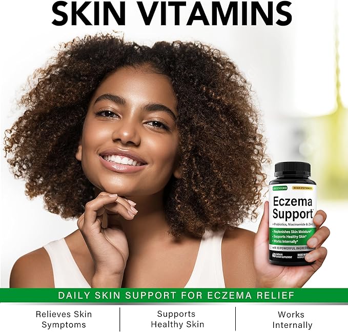 Greenford Eczema Treatment & Support for Natural Relief - Made in USA - Skin Vitamins & Herbals for Eczema, Acne, Psoriasis, Rosacea Treatment with Zinc, Niacinamide & Probiotics - 60 caps