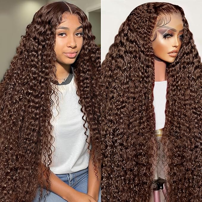 Chocolate Brown 13x6 Lace Front Wigs Human Hair 200 Density Deep Wave HD Lace Front Wigs Curly Glueless Wigs Pre Plucked 13x6 Frontal Human Hair Wigs for Women (26 Inch)