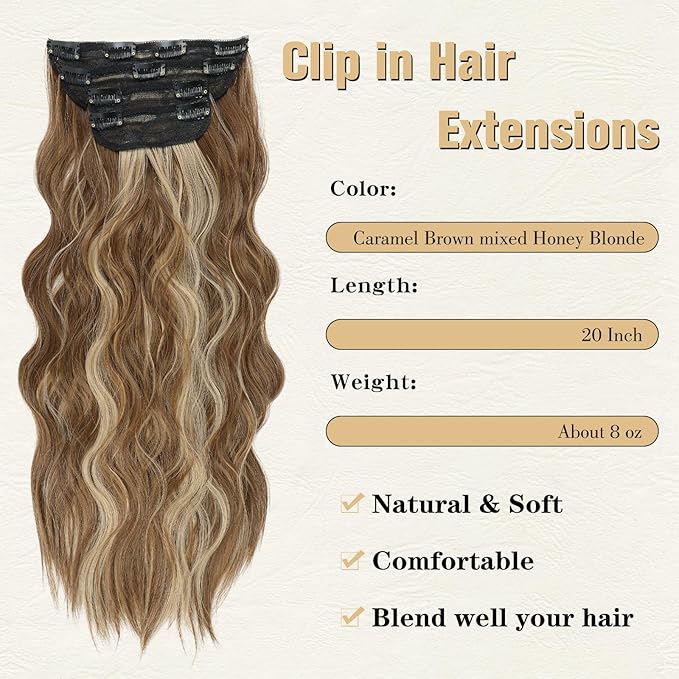 Clip in Hair Extensions, 20 Inch Caramel Brown Mixed Honey Blonde Hair Extensions for Women 4PCS Long Wavy