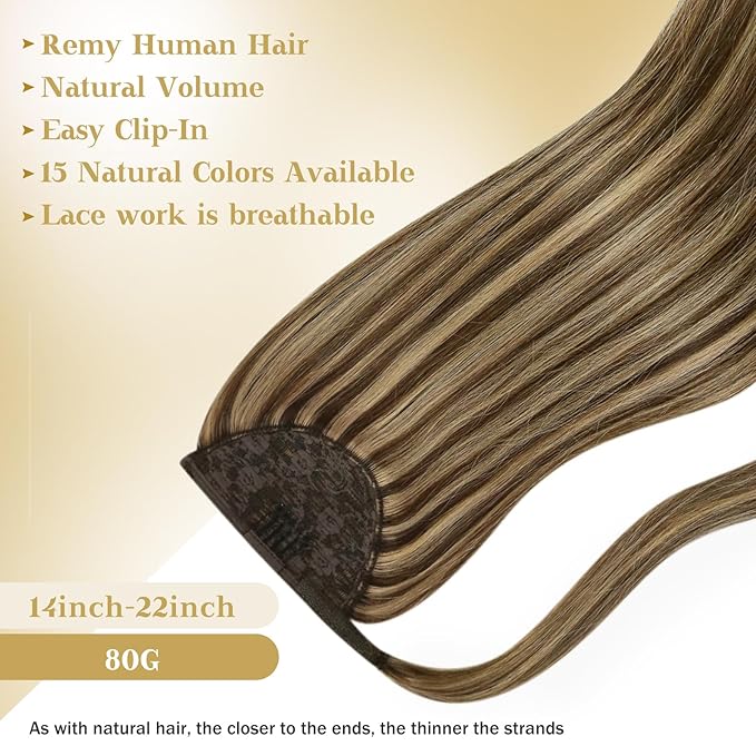 Ve Sunny Hair Extensions Ponytail Real Human Hair 80G Wrap Around Clip in Ponytail Hair Extensions Straight Extensions Human Hair for Women Medium Brown Highlighted Caramel Blonde 14inch