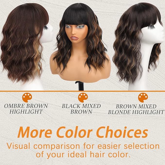 Nnzes Wig with Bangs for Women Shoulder Length Bob Wavy Women's Charming Synthetic Brown mixed Blonde Highlight Wigs with Natural Curly Heat Resistant Hair for Daily Party Use