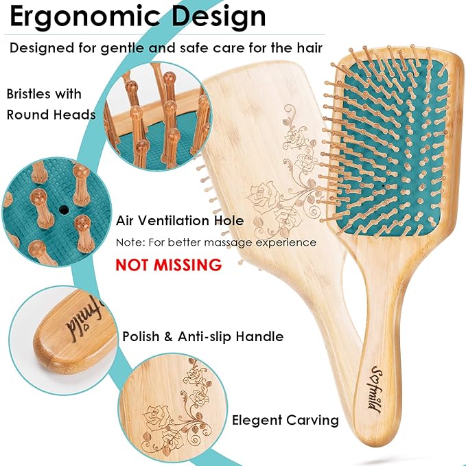 Sofmild Hair Brush-Natural Wooden Bamboo Brush Detangle Paddle Hairbrush for Women Men and Kids Massage Scalp Increase Hair Growth