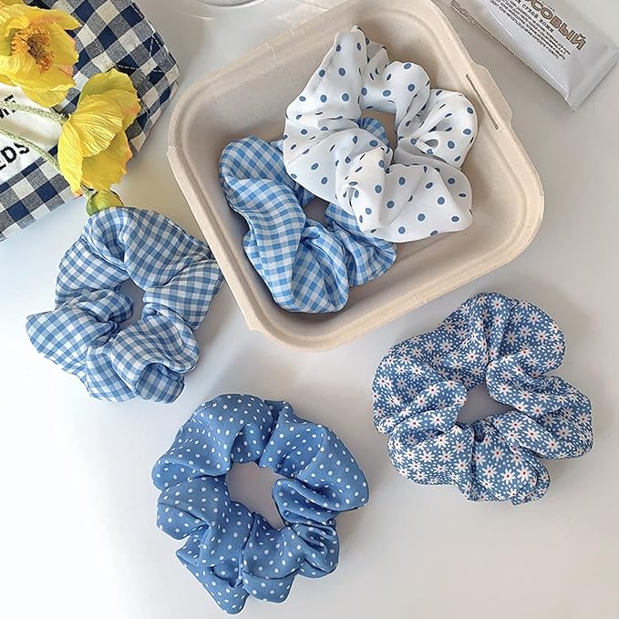 Blue Plaid Scrunchies Set - 5 Bandana Hair Ties for Women