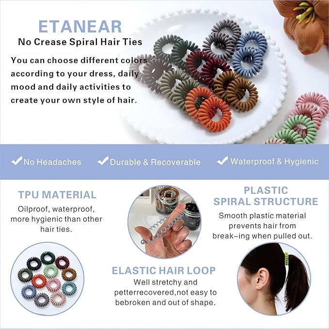 Spiral Hair Ties, 24 Pcs TPU No Crease Coil Hair Elastics, Multi-Color Matte, No Damage for Thick/Thin Hair, Hair scrunchies Ponytail Hlolders for Women Girls Kids (12 Colors)