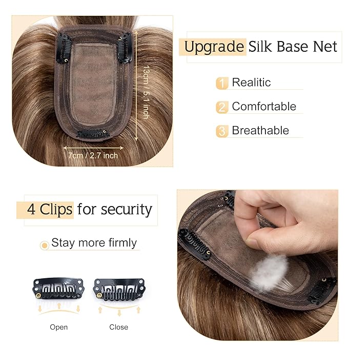 SEGO Hair Toppers for Women Real Human Hair With Bangs, 7 * 13CM Silk Base 100% Remy Human Hair Clip in Top Wiglet Hairpieces Add Volume -8 Inch/Medium Brown&Dark Blonde