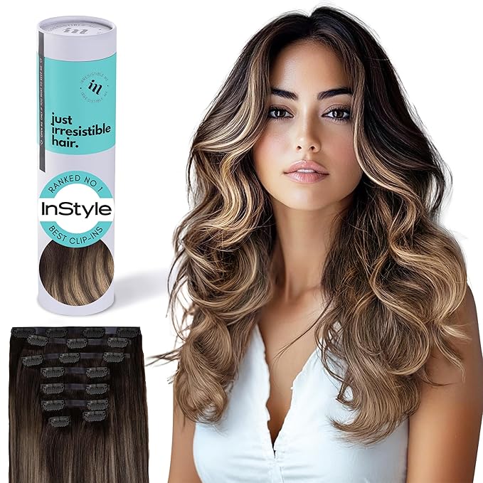 Irresistible Me Real Human Hair Extensions Clip Ins – 100% Human Hair Clip In Extensions for Length & Volume – Invisible Extension – Heat Resistant & Dyeable – Ash Brown Balayage, 20 Inches